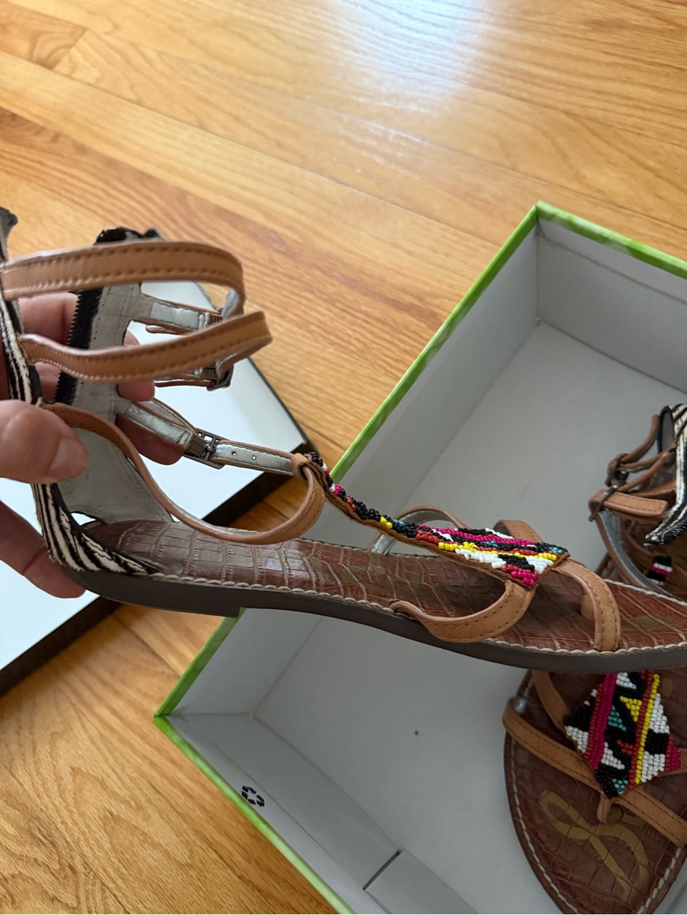 Sam Edelman Tan Beaded T-Strap Sandals with Multicolor Embellishment